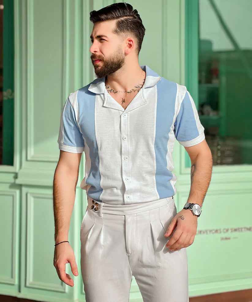Old Money Style Cuban Shirt B2 - Blue/White