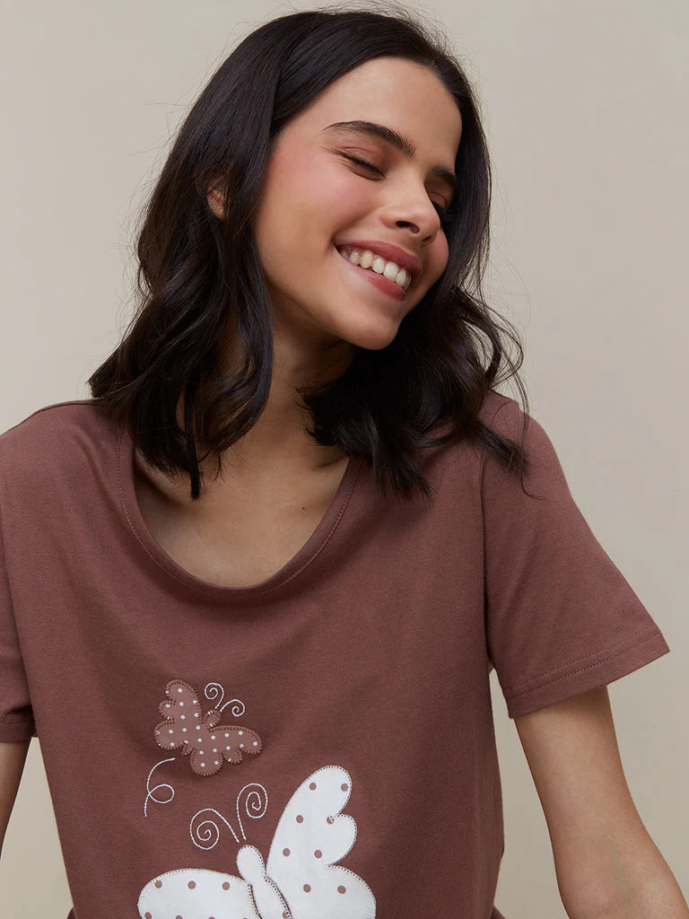 Brown Butterfly Printed PJ Suit