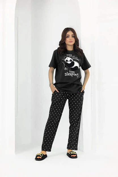 Never Give Up Printed PJ Suit - Black