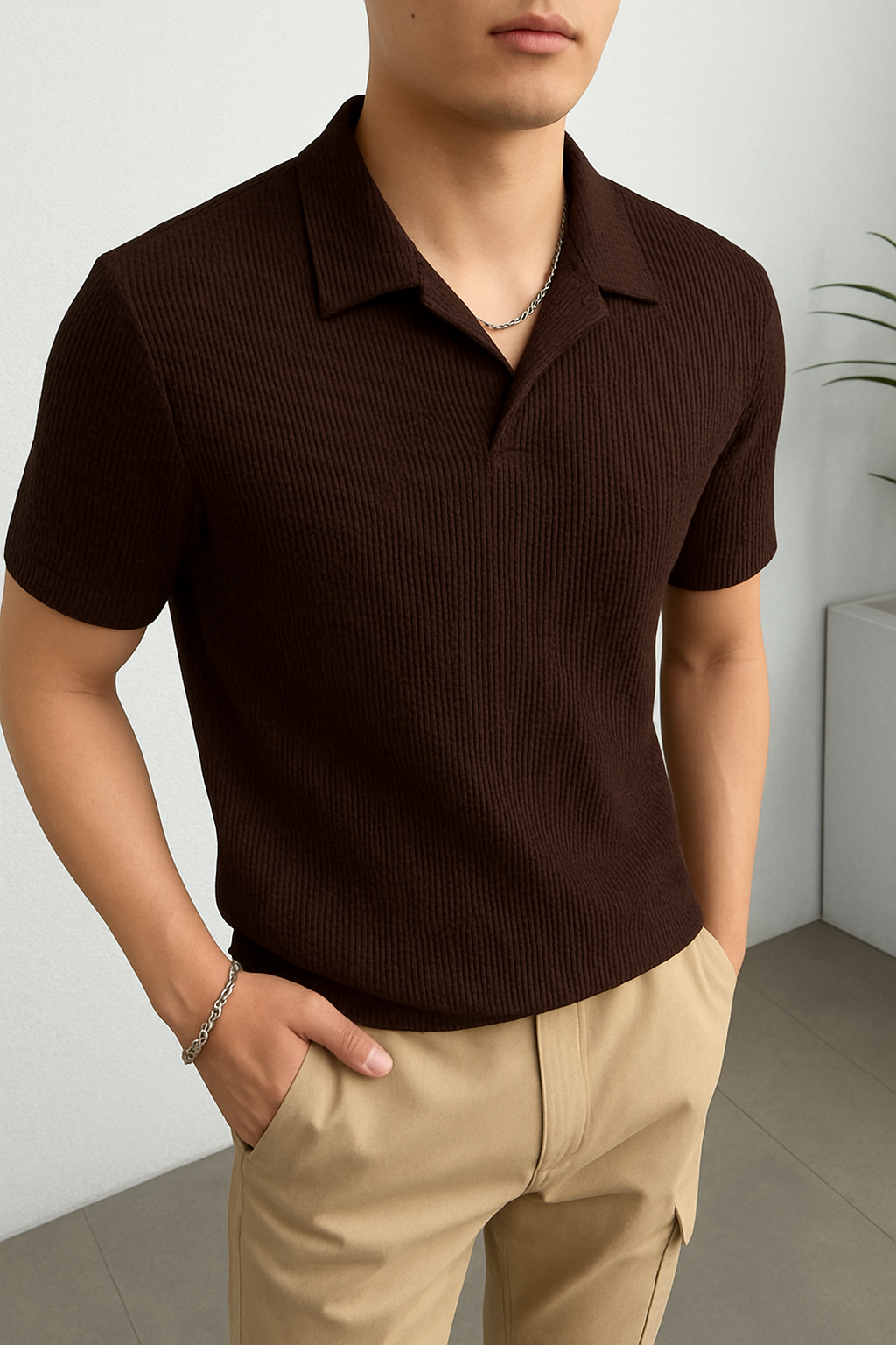 Korean Knitted Cuban Collar Polo - Brown