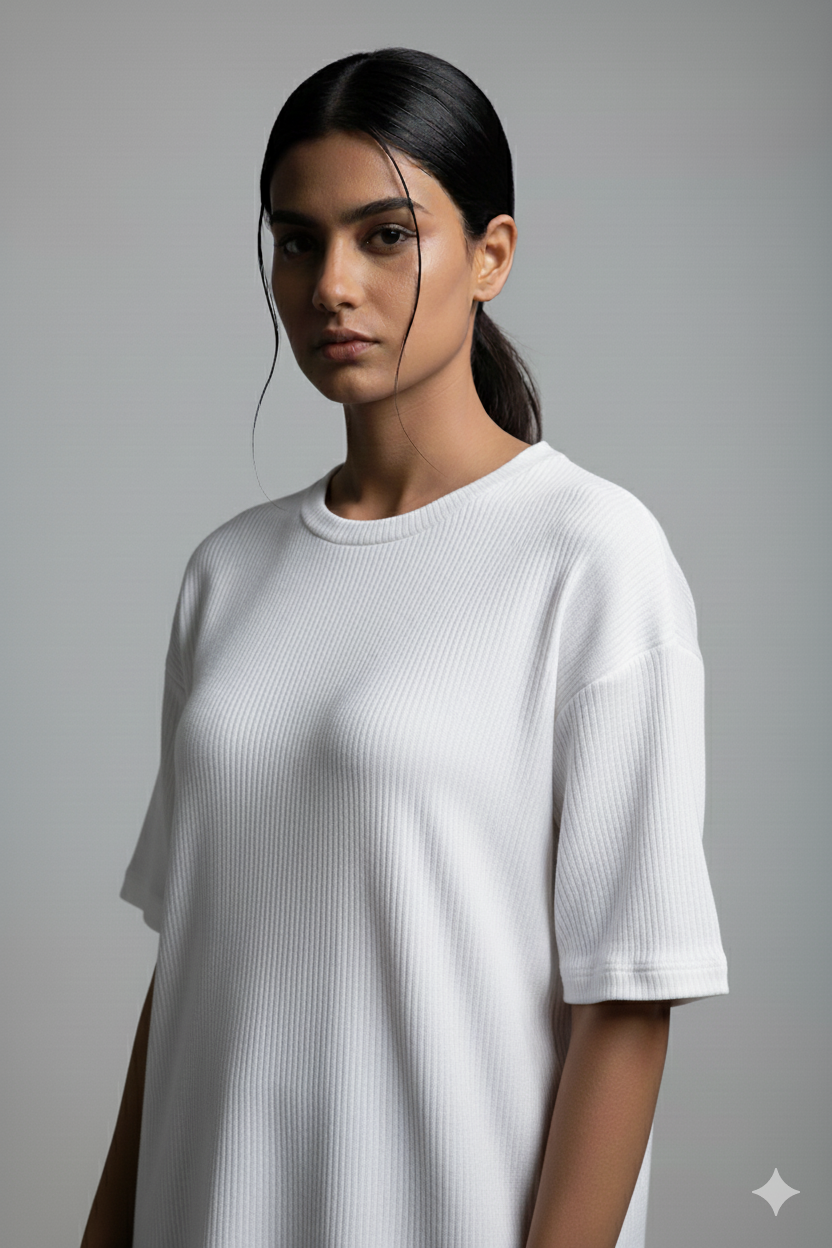 11.11 SALE : Oversized Waffle Knitted T-Shirt for Women - White