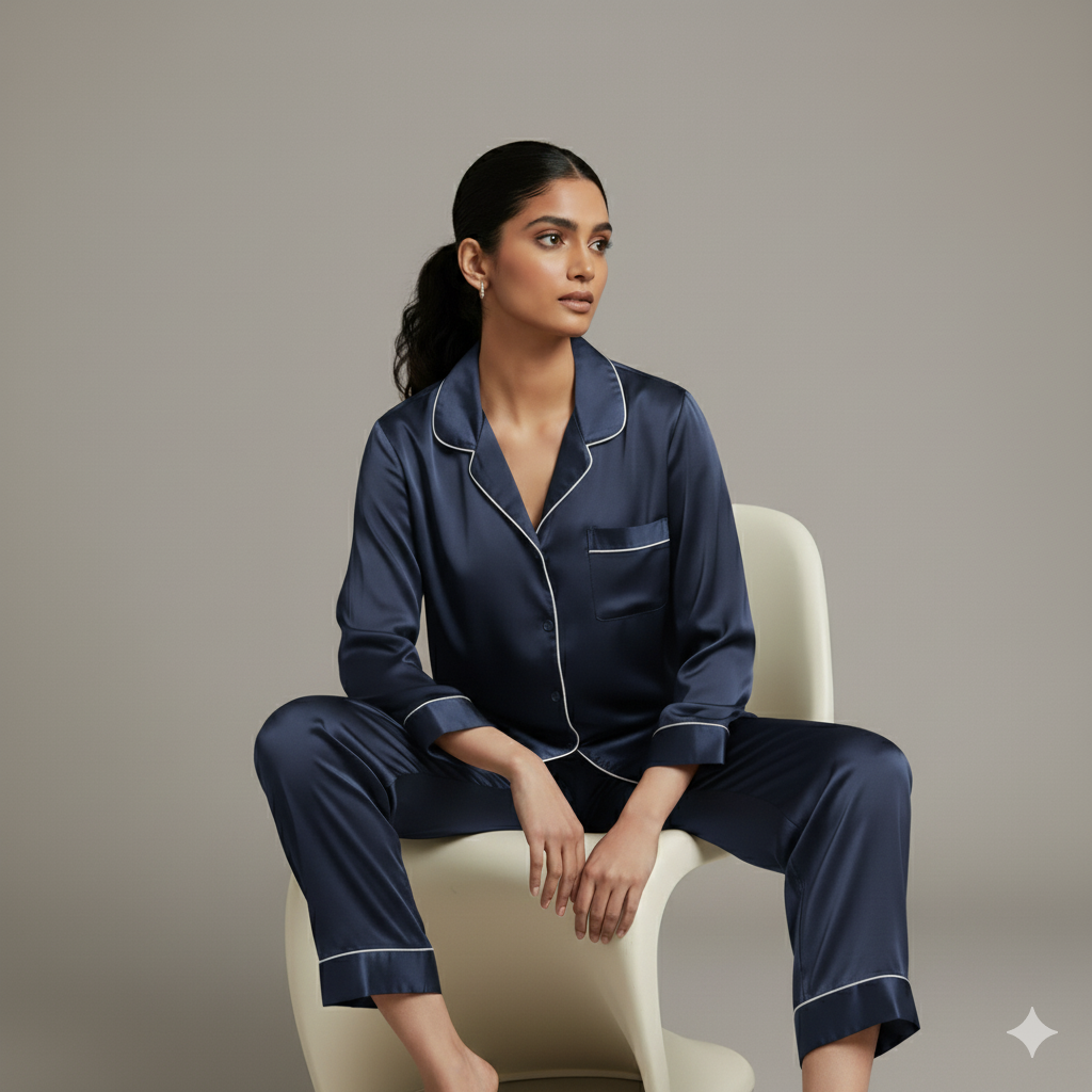 11.11 SALE : SIlk Night Suit - NavyBlue
