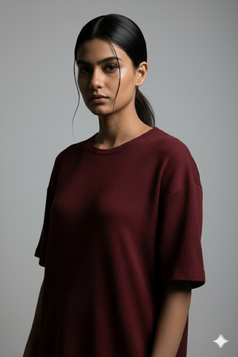 11.11 SALE : Oversized Waffle Knitted T-Shirt for Women - Maroon