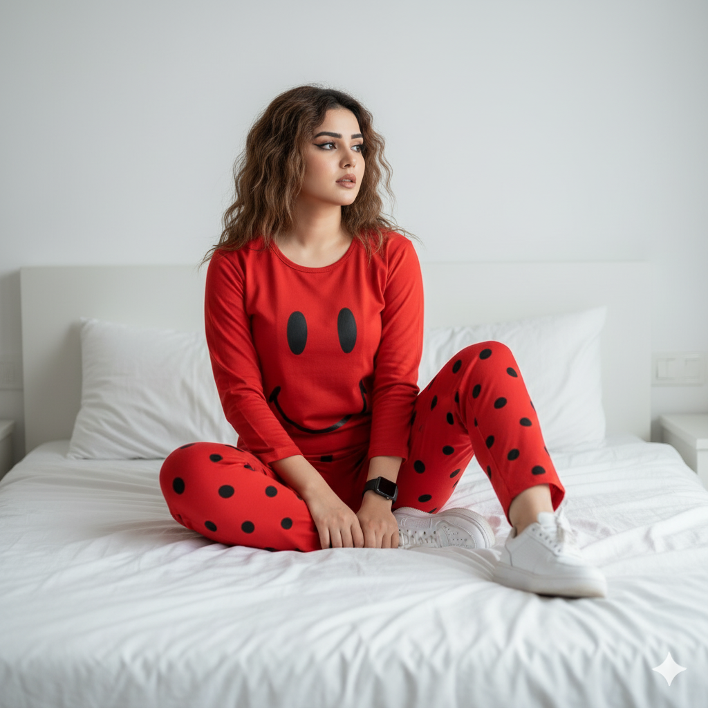 11.11 Sale Red Smiley Full Sleeves Printed - PJ SUIT FOR WOMEN