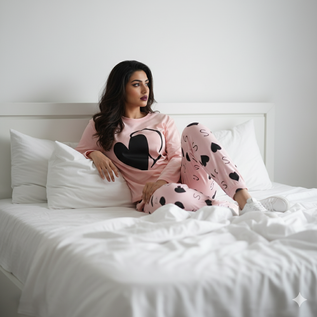 11.11 Sale DOUBLE HEART PINK - FULL SLEEVES PJ SUIT FOR WOMEN