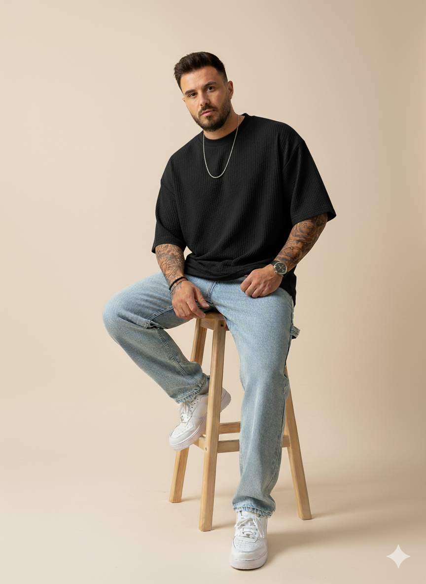 11.11 SALE : Oversized Waffle Knitted Tshirt - Black