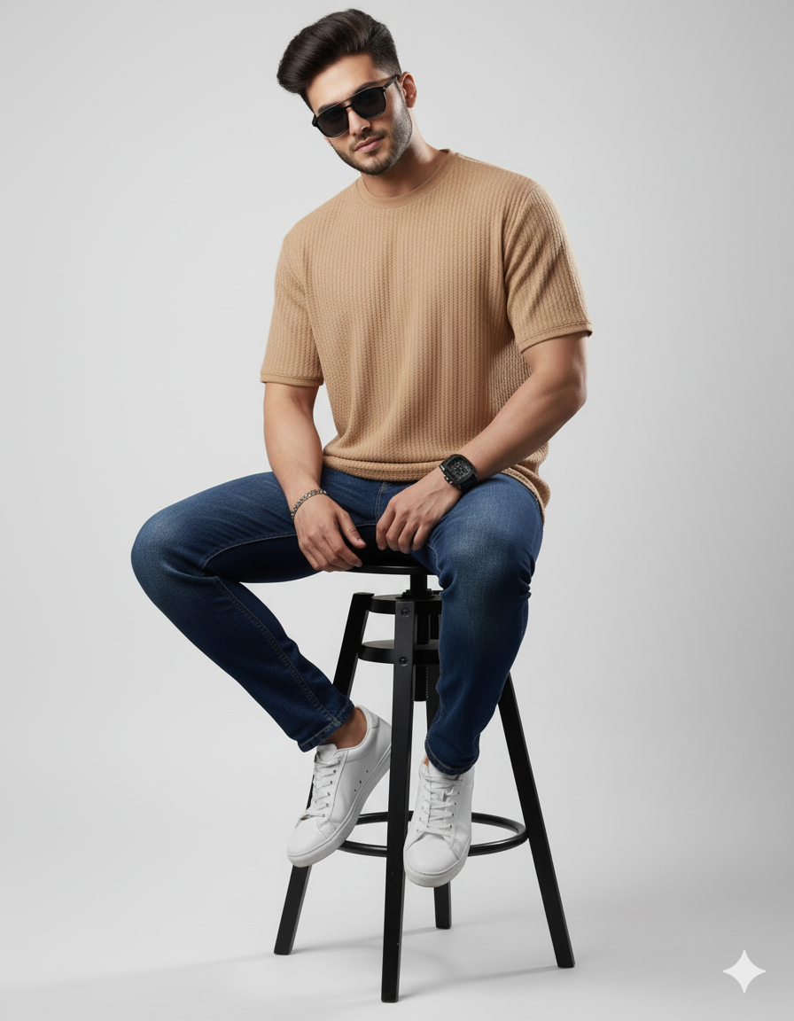 Oversized Waffle Knit Tee For Men - Beige