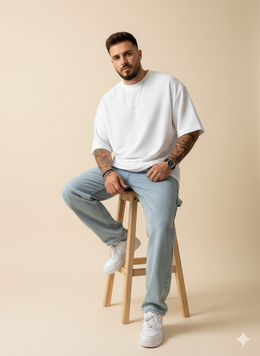 11.11 SALE : Oversized Waffle Knitted Tshirt - White