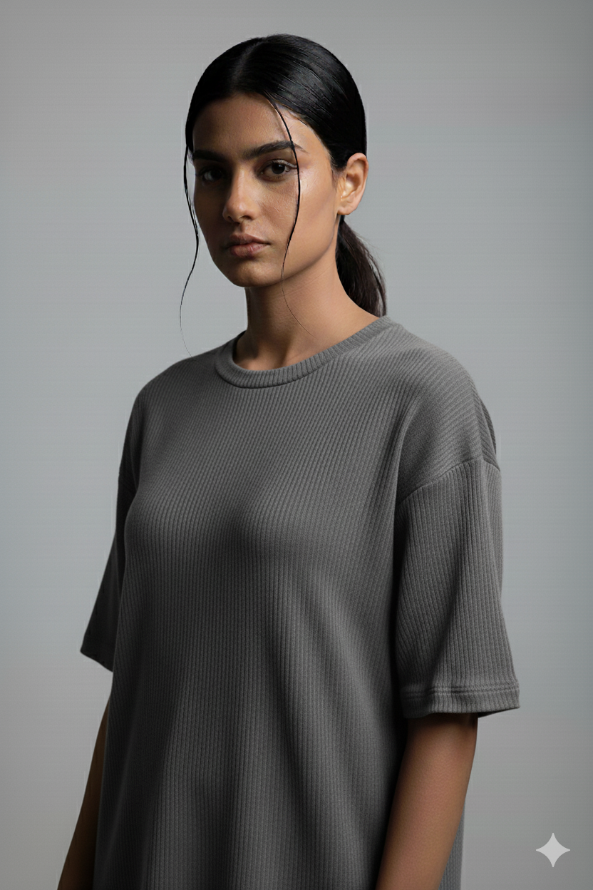 11.11 SALE : Oversized Waffle Knitted T-Shirt for Women - Charcoal