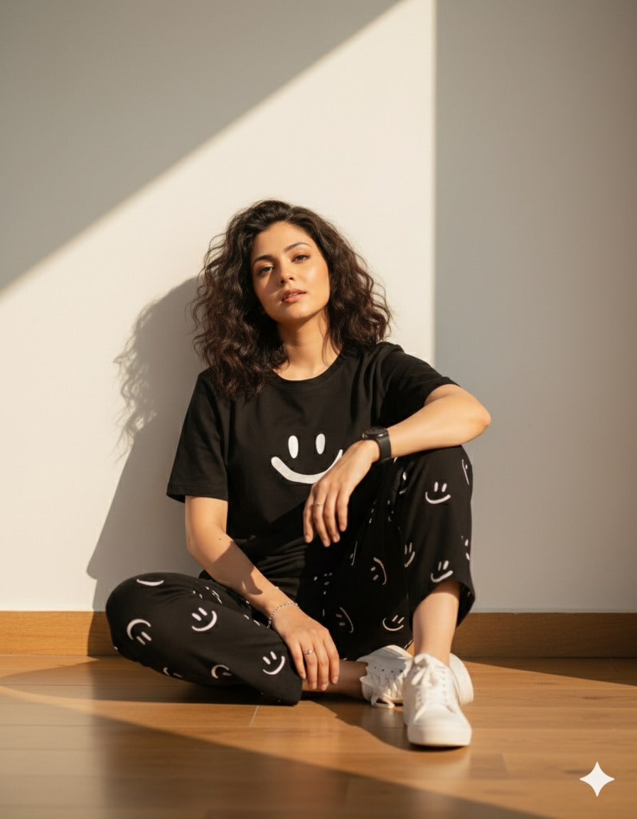 11.11 Sale BLACK SMILEY PRINTED - PJ SUIT FOR WOMEN