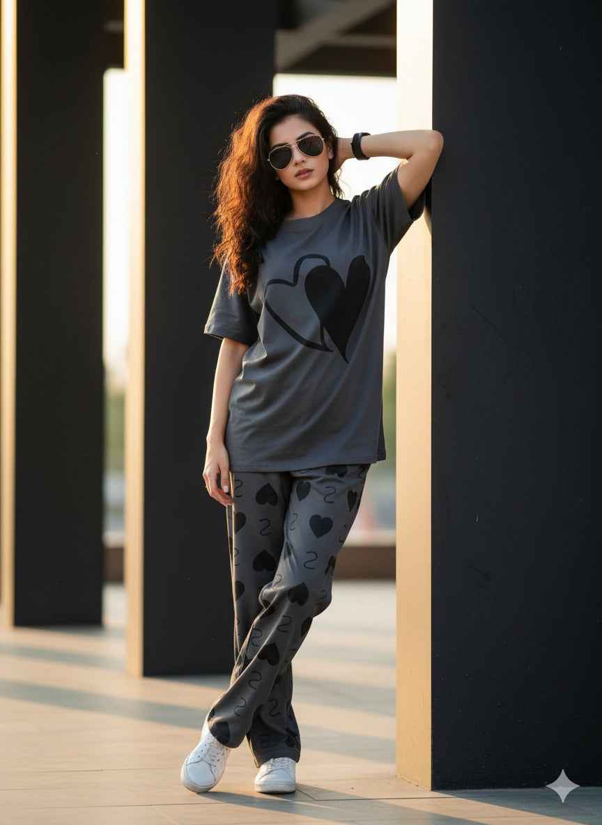 11.11 Sale DOUBLE HEART PRINTER CHARCOAL - PJ SUIT FOR WOMEN
