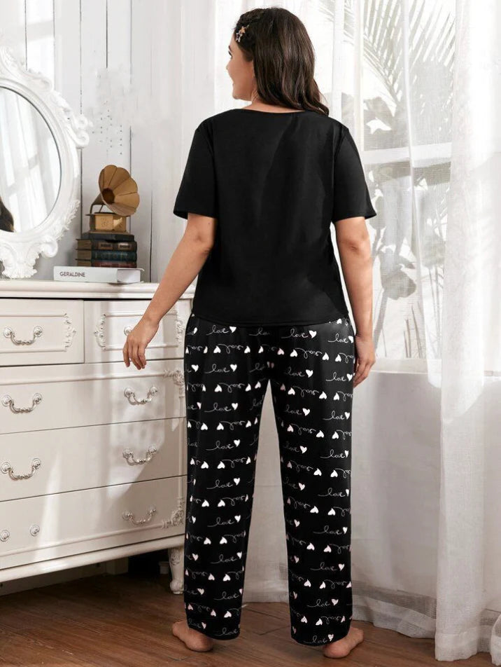 Love Printed PJ Suit - Black