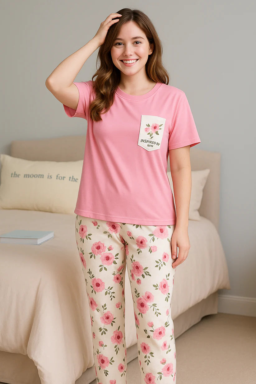 Pocket Flower PJ Suit - Pink