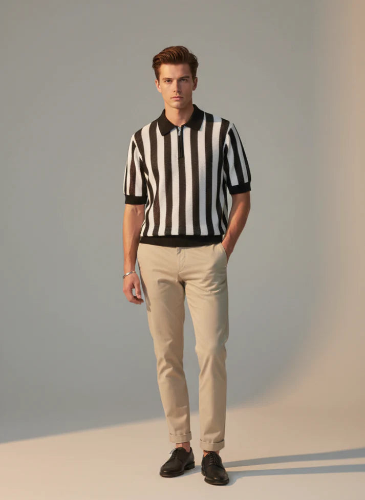 Knitted Wavy Stripes Polo - Zipper Collar