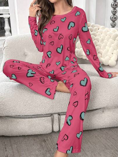Heart Printed Full Sleeves PJ Suit - Pink