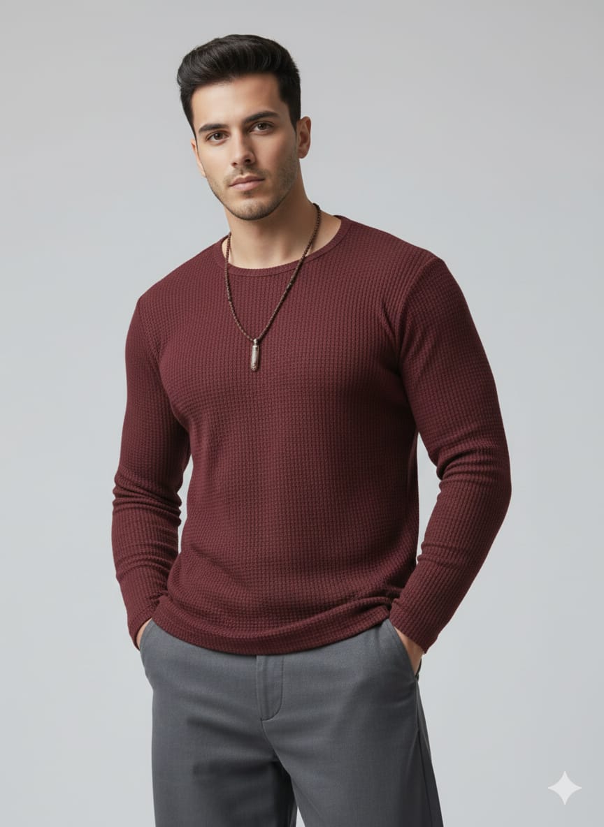 Waffle knitted Textured Full Sleeves T-Shirt - Maroon