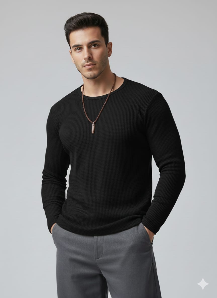 Waffle knitted Textured Full Sleeves T-Shirt - Black
