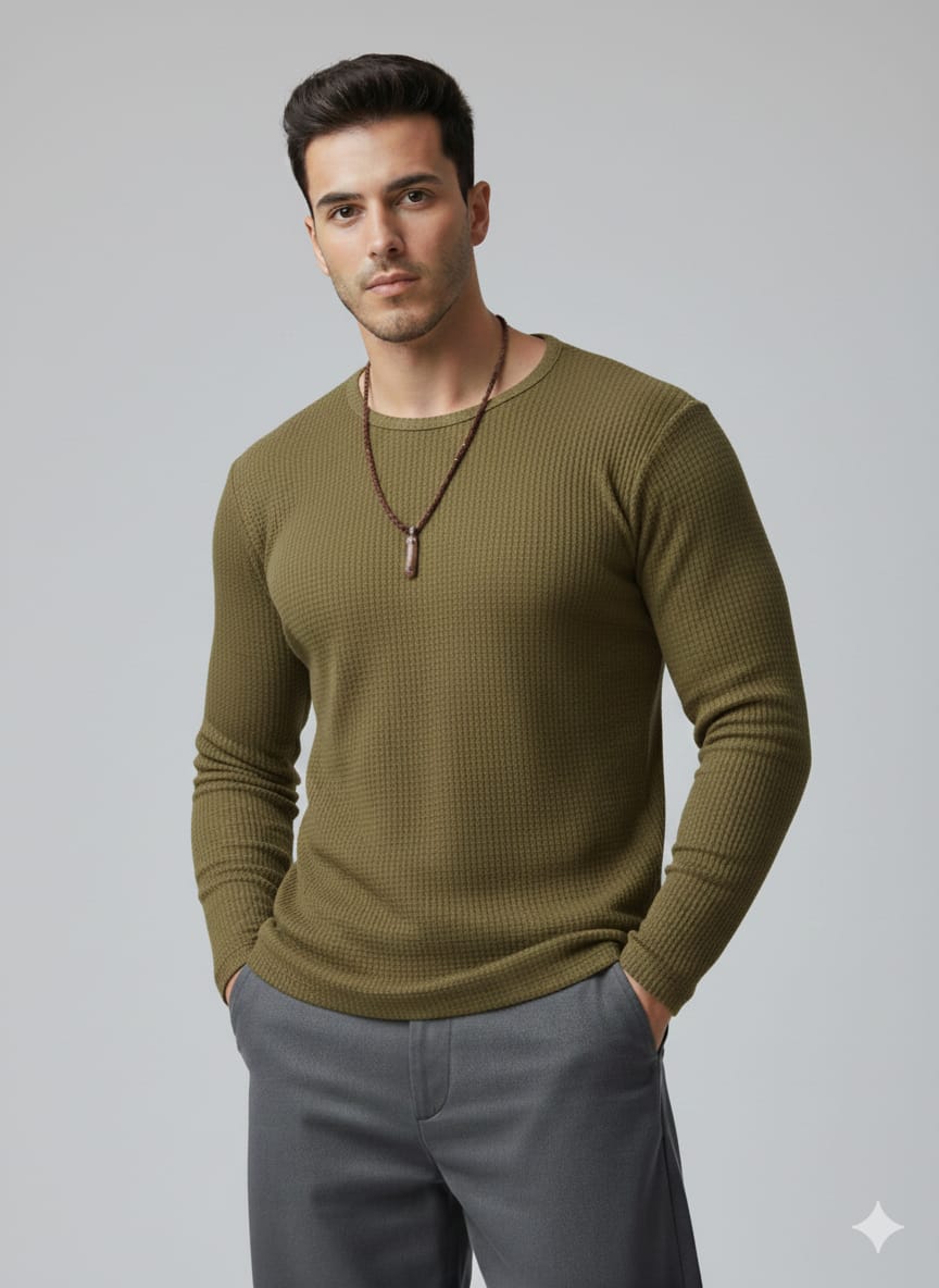 Waffle knitted Textured Full Sleeves T-Shirt - OliveGreen