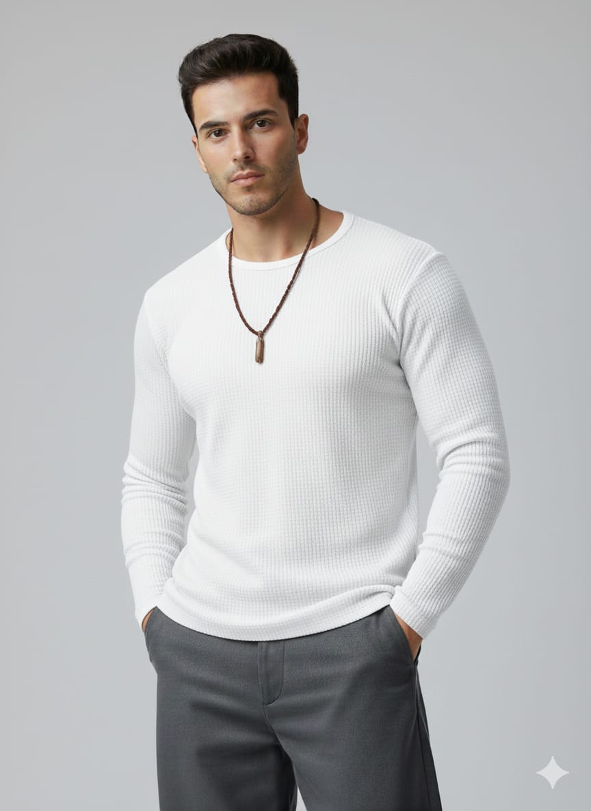 Waffle knitted Textured Full Sleeves T-Shirt - White