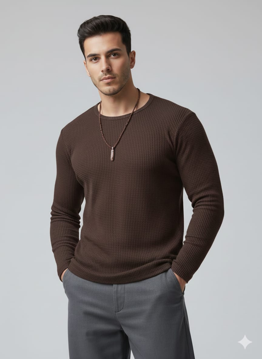 Waffle knitted Textured Full Sleeves T-Shirt - Brown