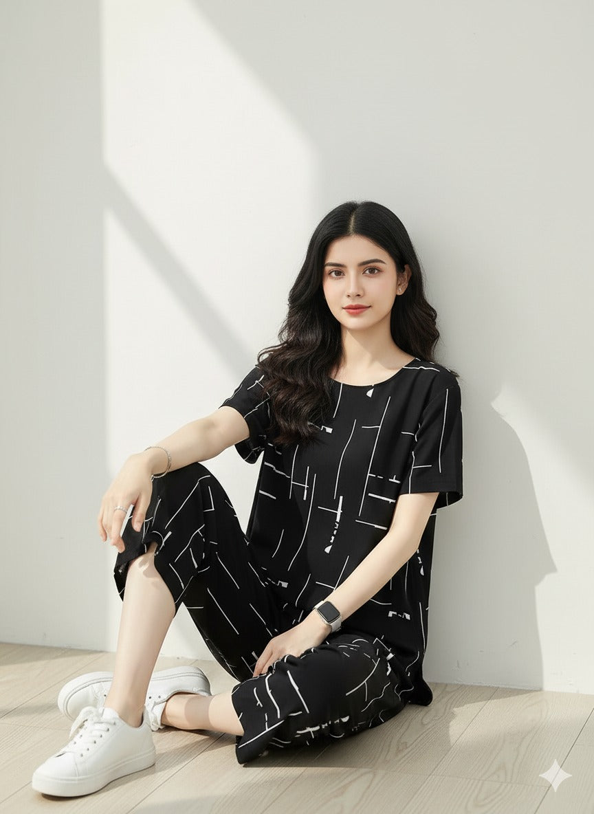 11.11 Sale BLACK CAPRI PRINTED - PJ SUIT FOR WOMEN