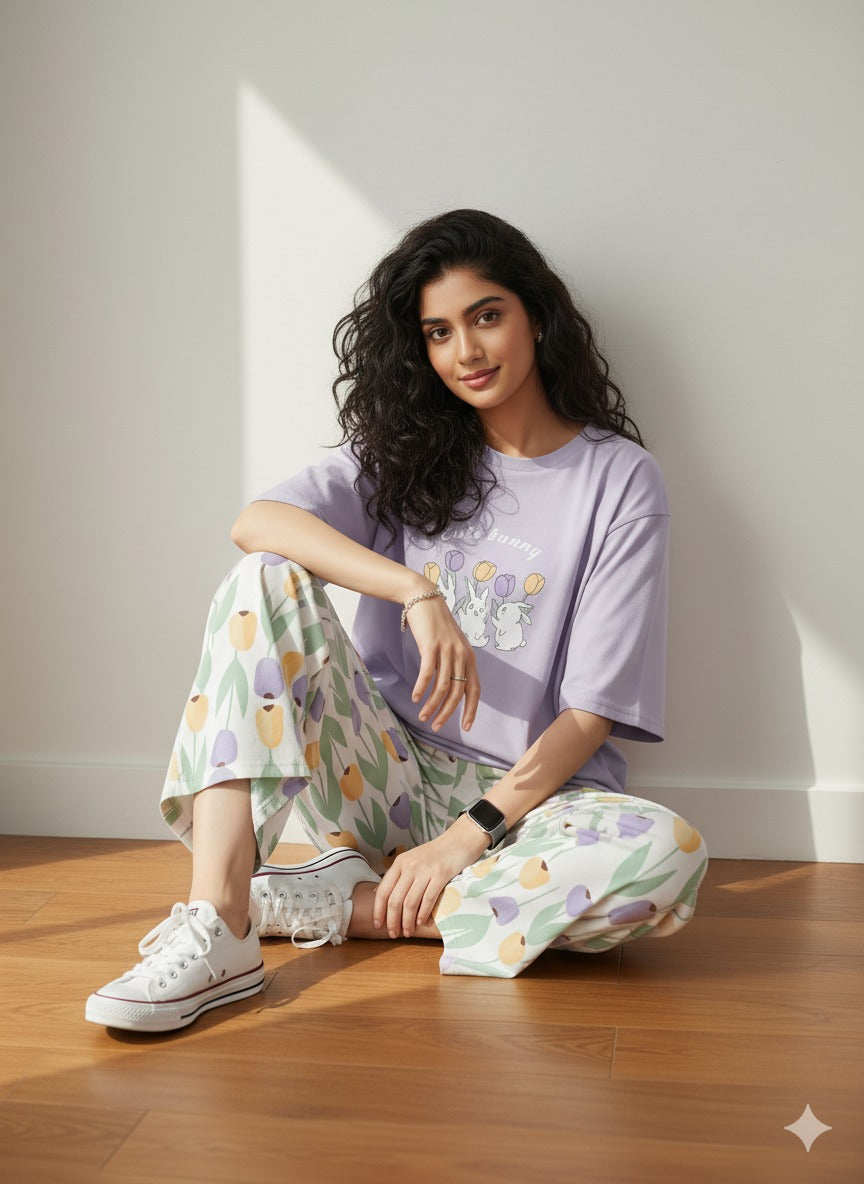 Cute Bunny Flowers Printed PJ Suit