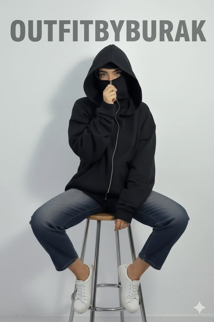 Balaclava Ninja Zipper Hoodie For Women - Black