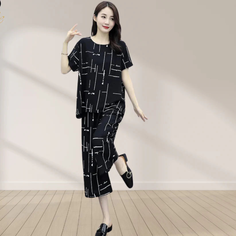 Black Printed Capri PJ Suit