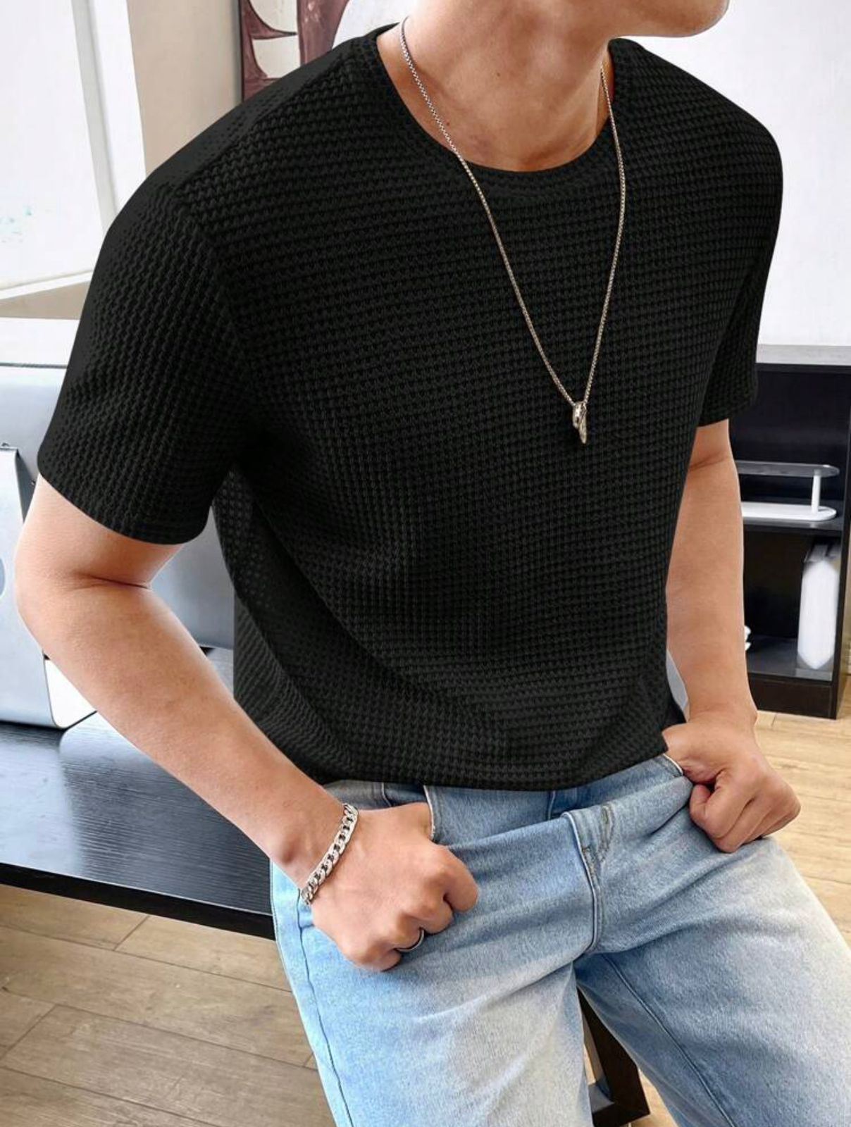 Waffle Knitted Tshirt - Black