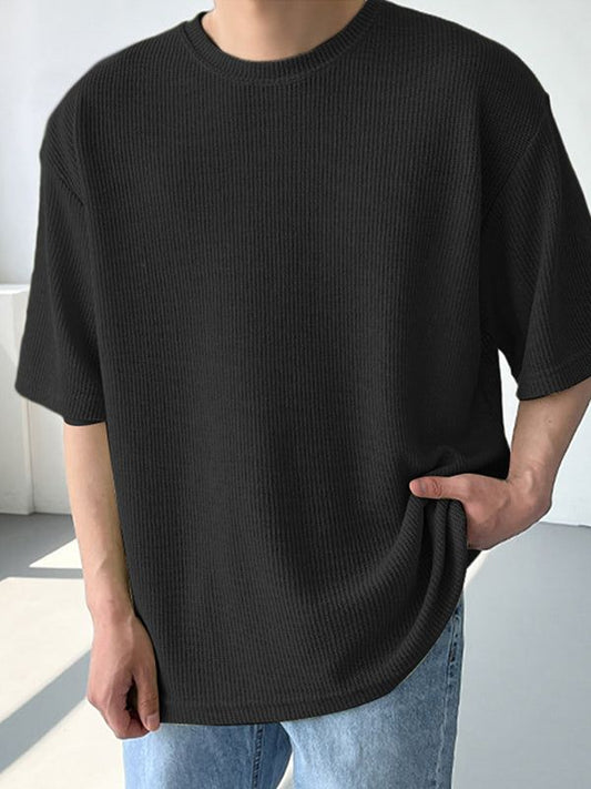 Oversized Waffle Knit Tee For Men - BLACK
