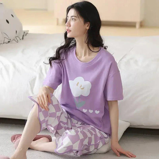 Flower Printed Pj Suit - Purple