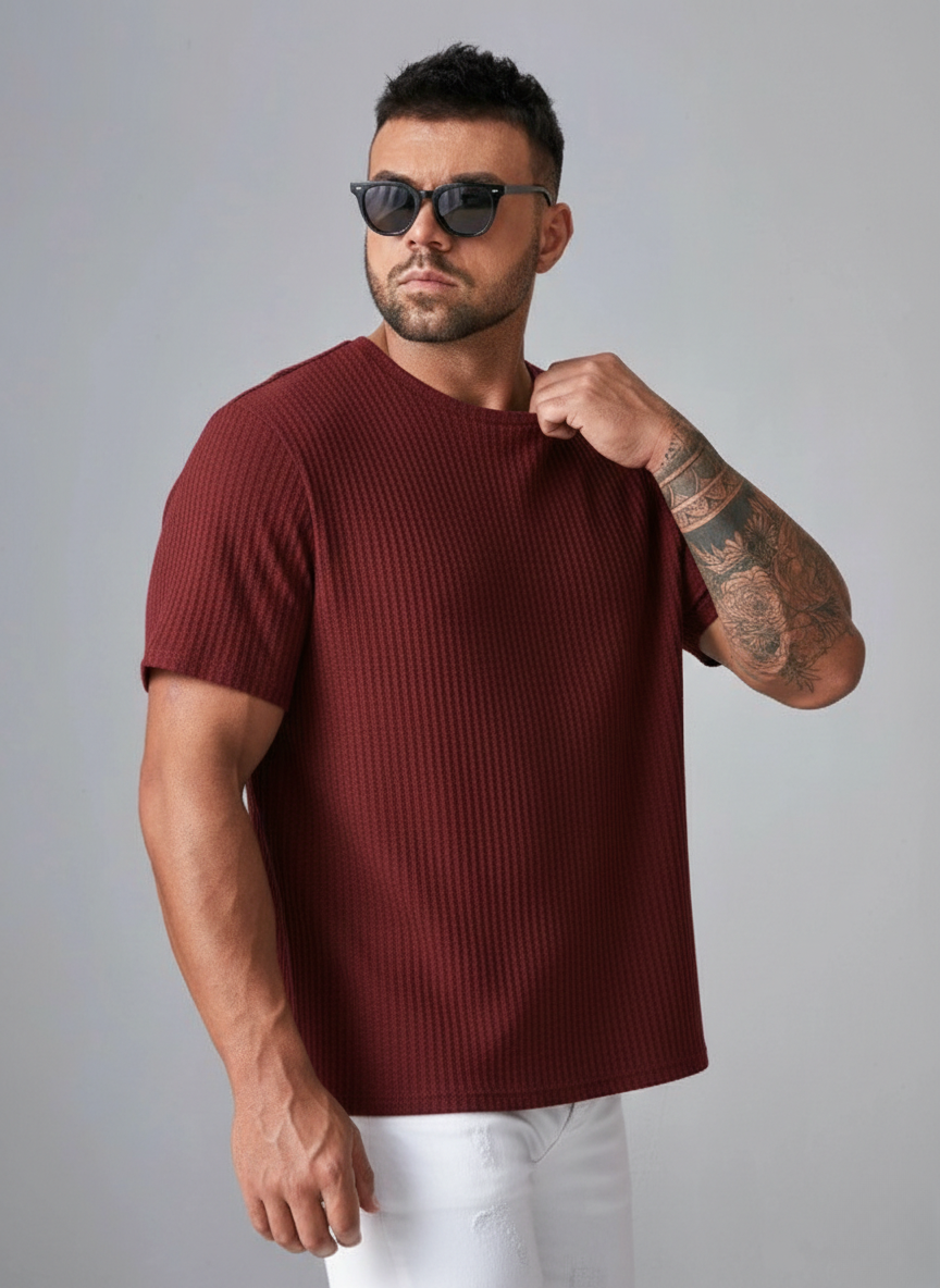 Oversized Waffle Knit Tee For Men - Maroon