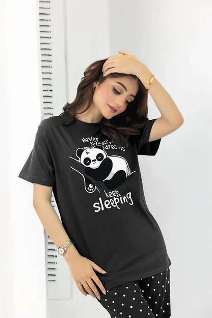 Never Give Up Printed PJ Suit - Black