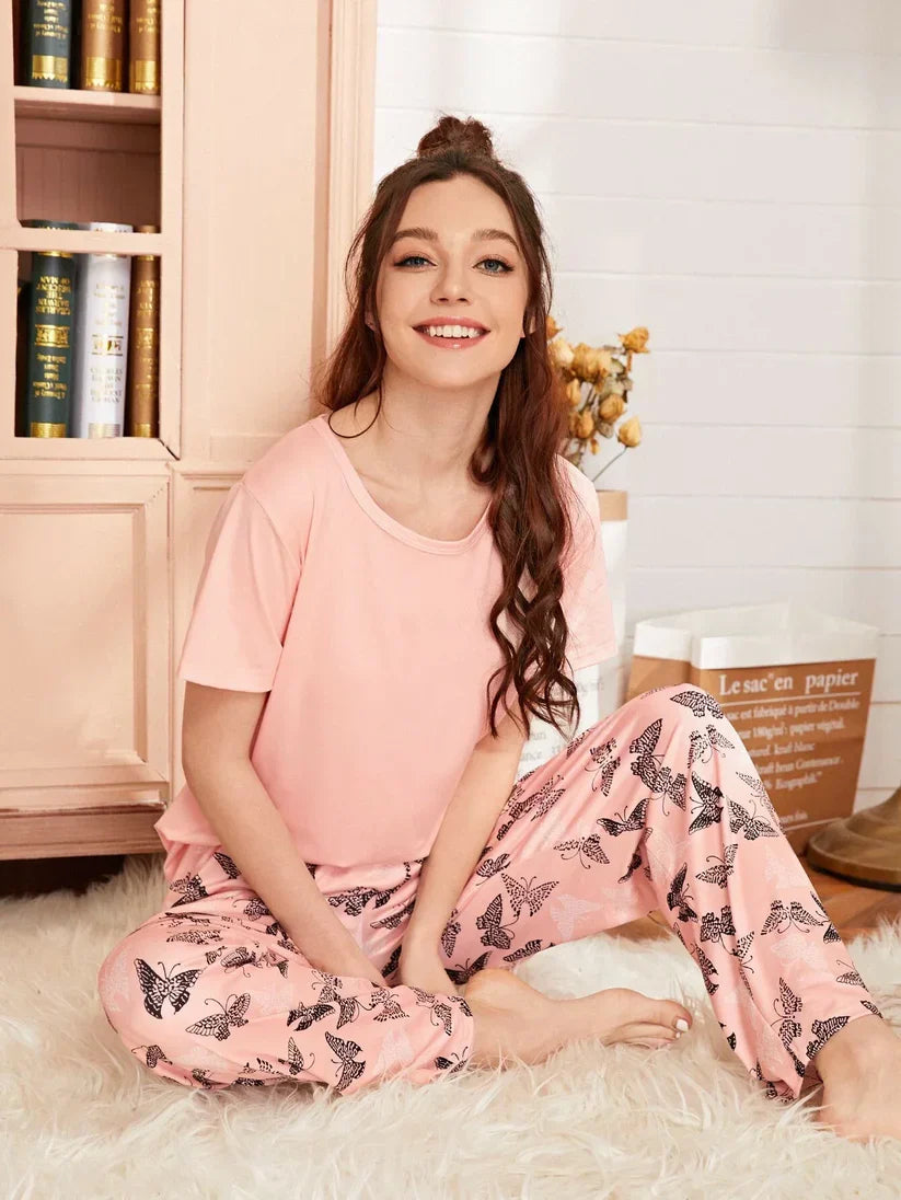 11.11 Sale Baby Pink With Butterfly Printed - PJ SUIT FOR WOMEN