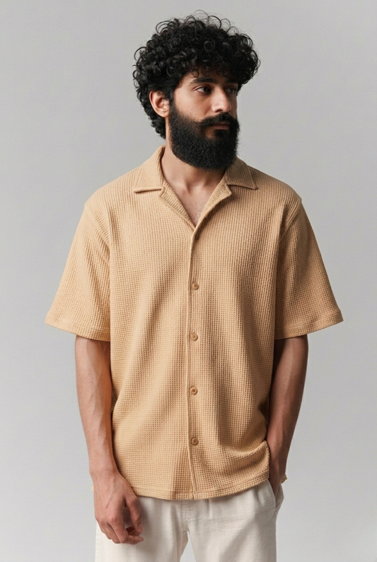 Cuban Collar Knitted Shirt - Beige
