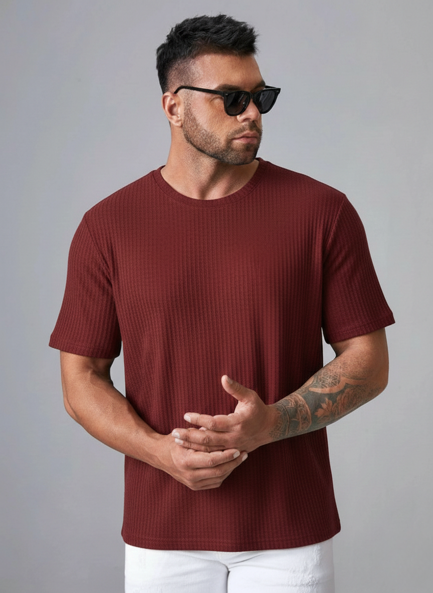 Oversized Waffle Knit Tee For Men - Maroon