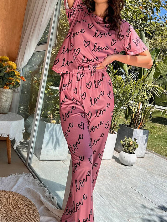 Love Heart Printed PJ Suit - TPink