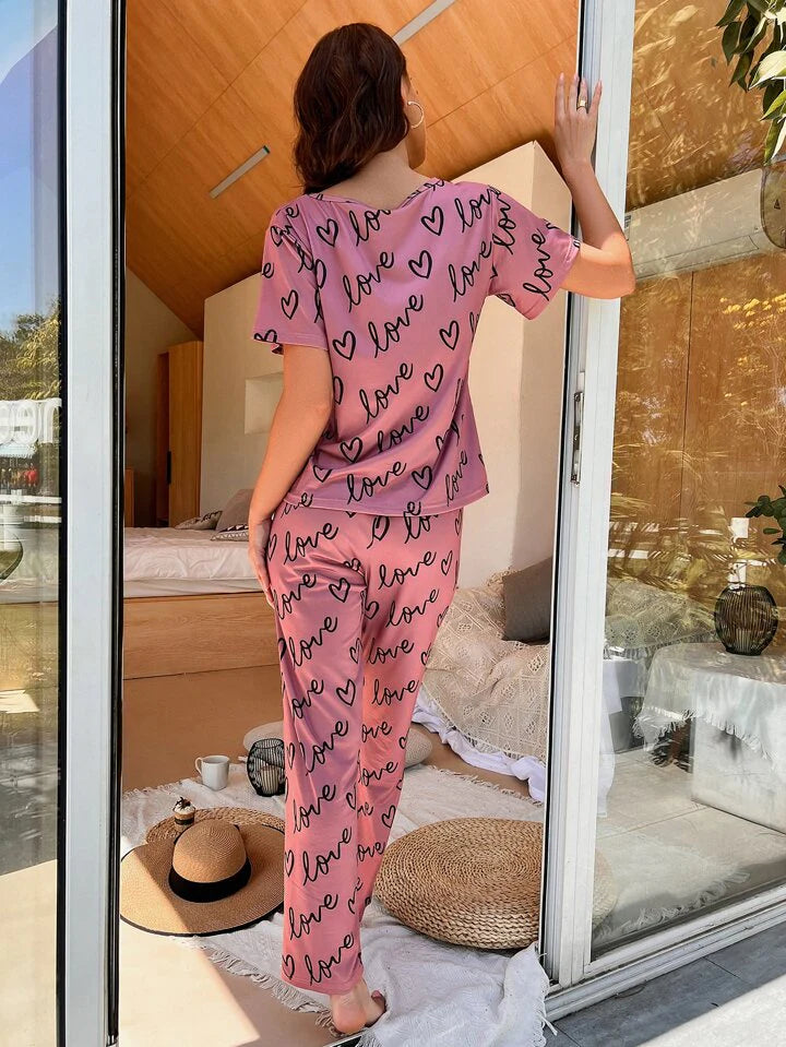 Love Heart Printed PJ Suit - TPink