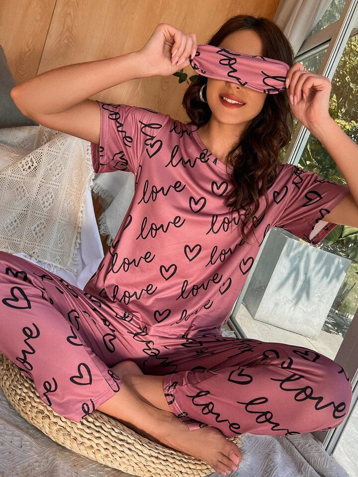 Love Heart Printed PJ Suit - TPink