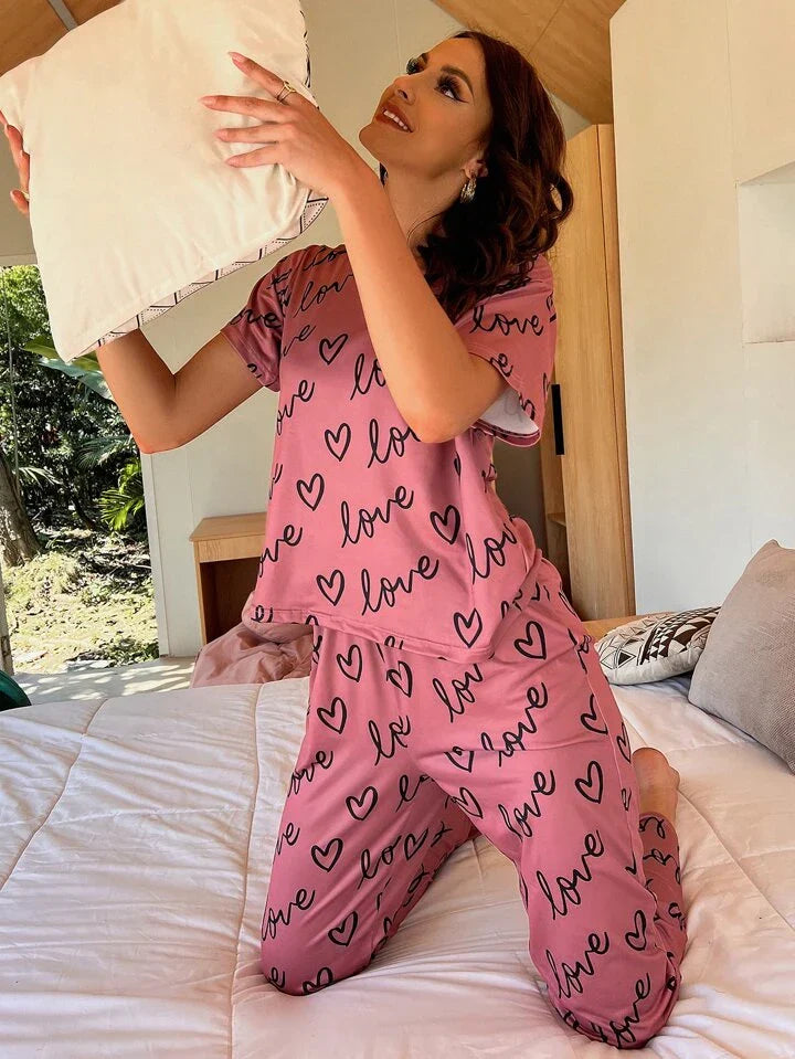 Love Heart Printed PJ Suit - TPink