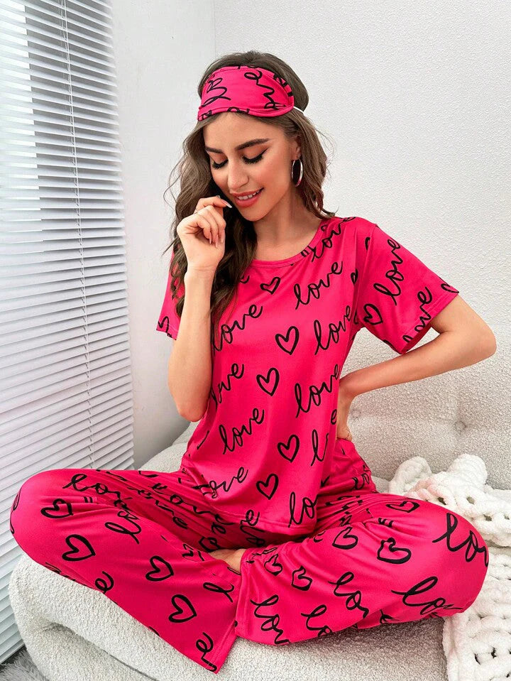 Love Heart Printed PJ Suit - DarkPink