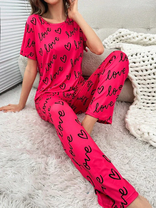 Love Heart Printed PJ Suit - DarkPink
