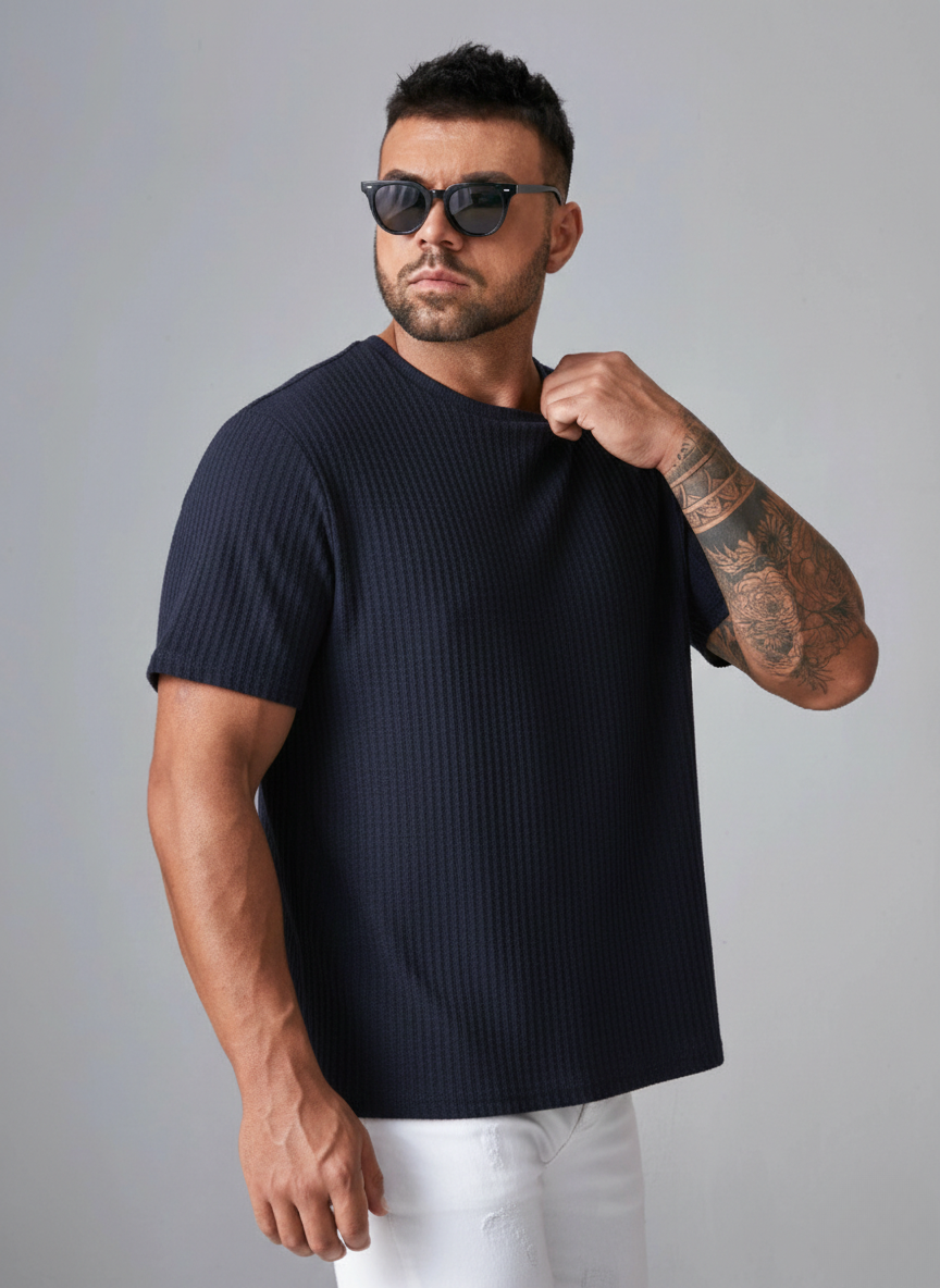 Oversized Waffle Knit Tee For Men - Navy Blue