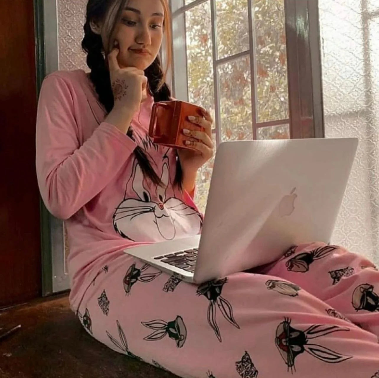 Bunny Printed Full Sleeves PJ Suit - Pink