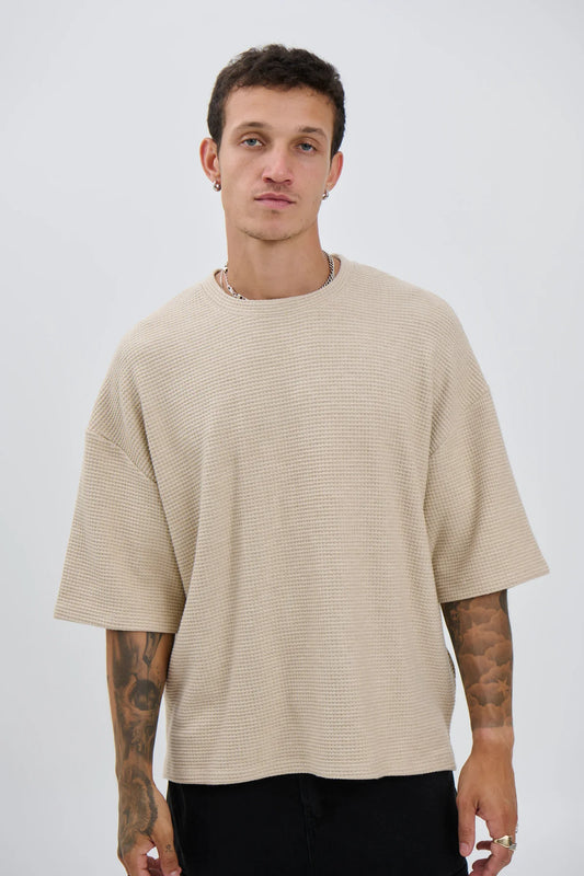 Oversized Waffle Knit Tee For Men - Beige