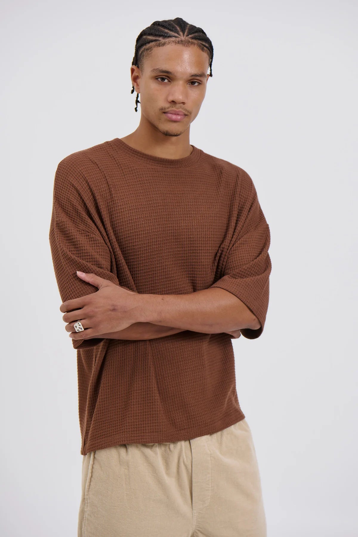Oversized Waffle Knit Tee For Men - Brown