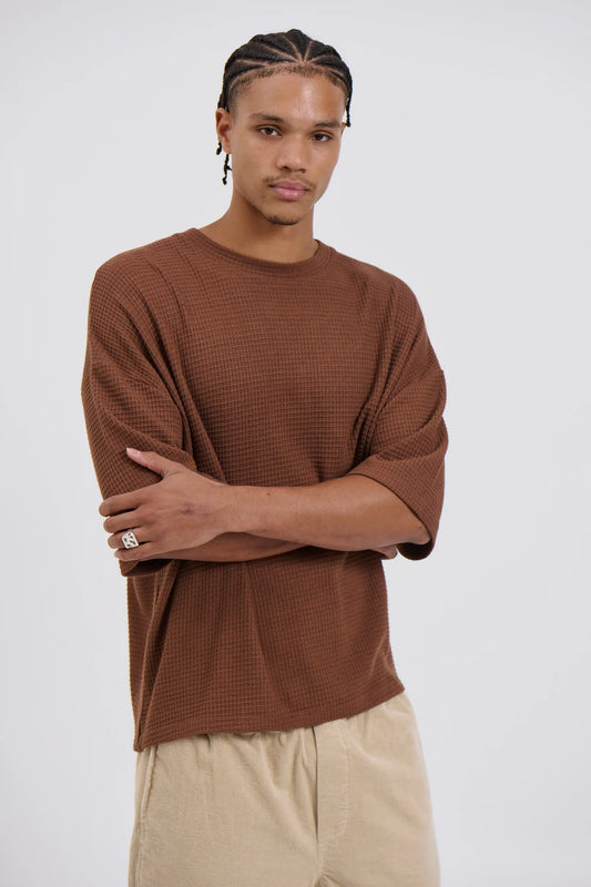Oversized Waffle Knit Tee For Men - Brown