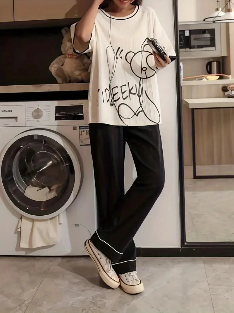 11.11 Sale Cream Bear Printed - PJ SUIT FOR WOMEN