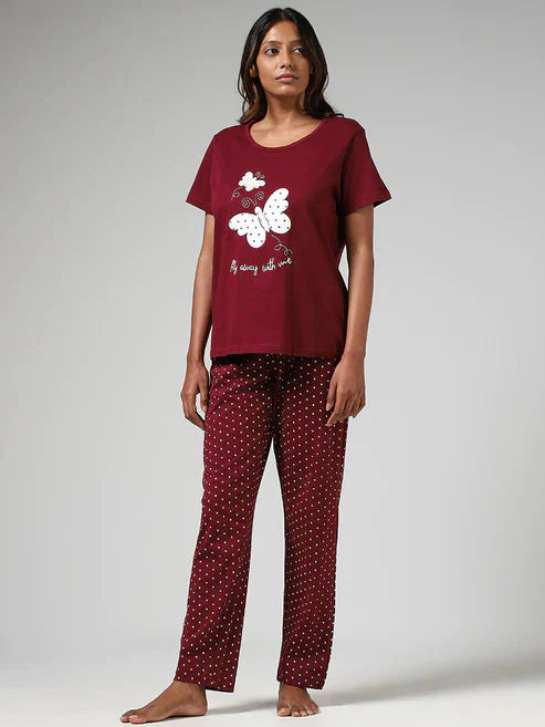 Maroon Butterfly Printed PJ Suit