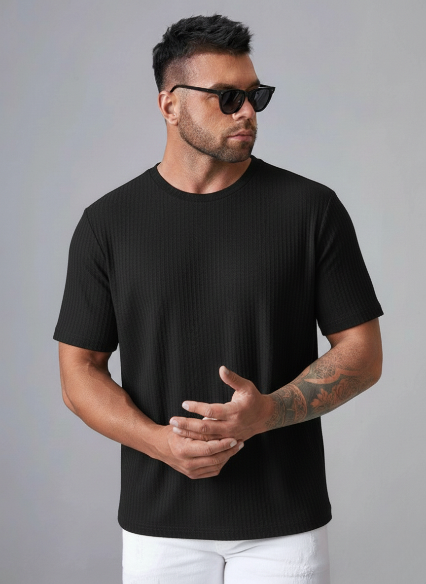 Oversized Waffle Knit Tee For Men - BLACK